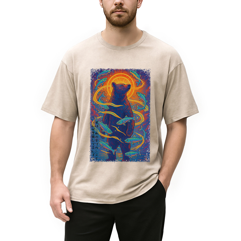 Modecanvas Ukiyoe Bear and Fish Vintage Poster Washed T-Shirt