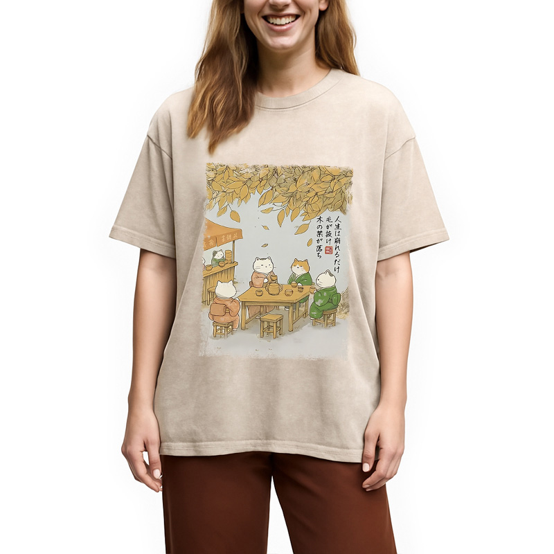 Modecanvas Cats Drinking Tea Under The Tree Washed T-Shirt