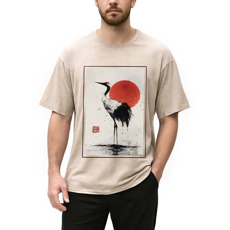 Modecanvas Retro Japanese Red-crowned Crane Washed T-Shirt