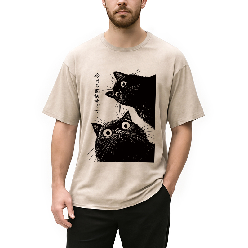 Modecanvas The Cat is Watching Today Washed T-Shirt
