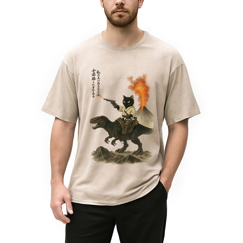 Modecanvas Cat Riding A Dinosaur Washed T-Shirt