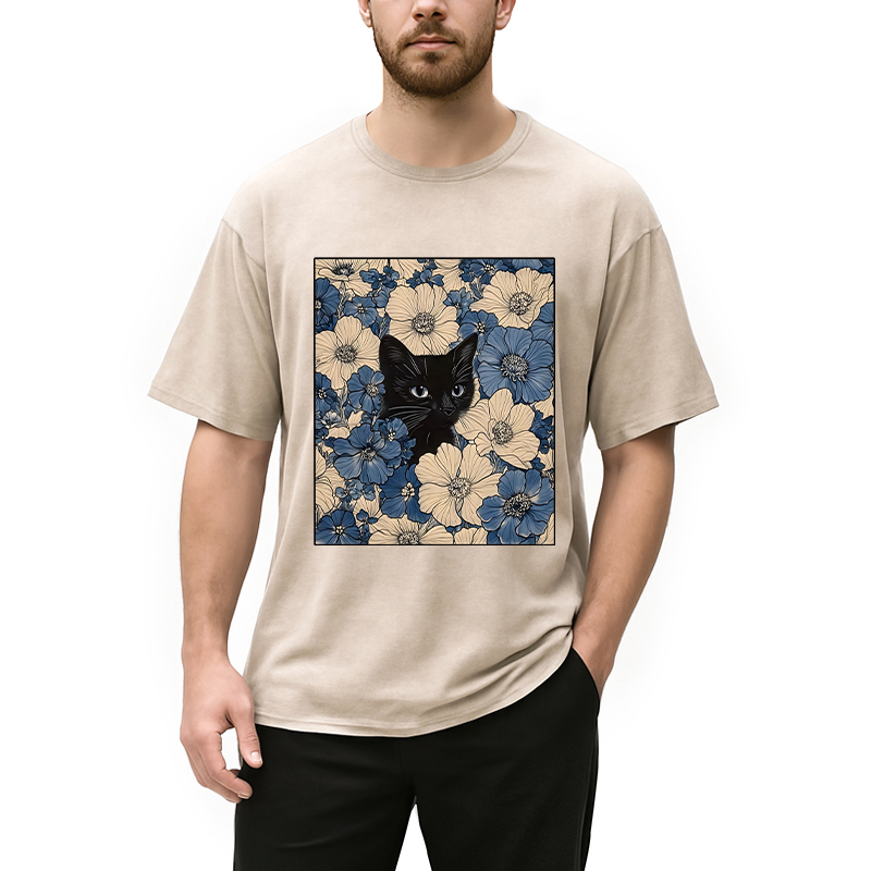 Modecanvas Cat In The Flowers Washed T-Shirt