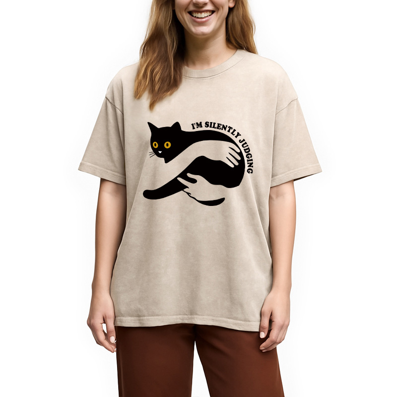 Modecanvas Black Cat In Arms Judging You Washed T-Shirt