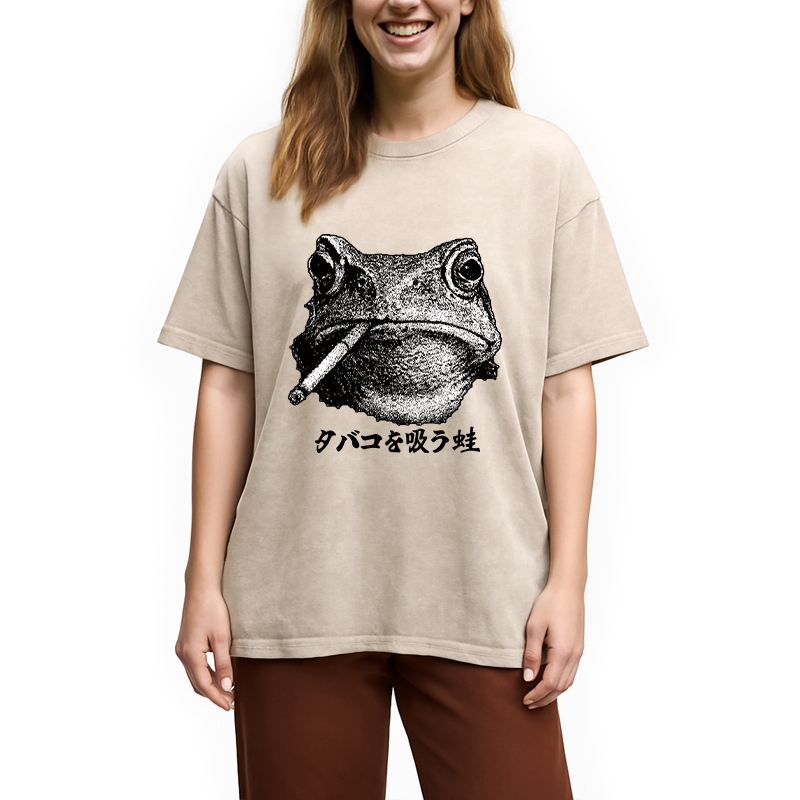 Modecanvas Funny Smoking Frog Meme Washed T-Shirt