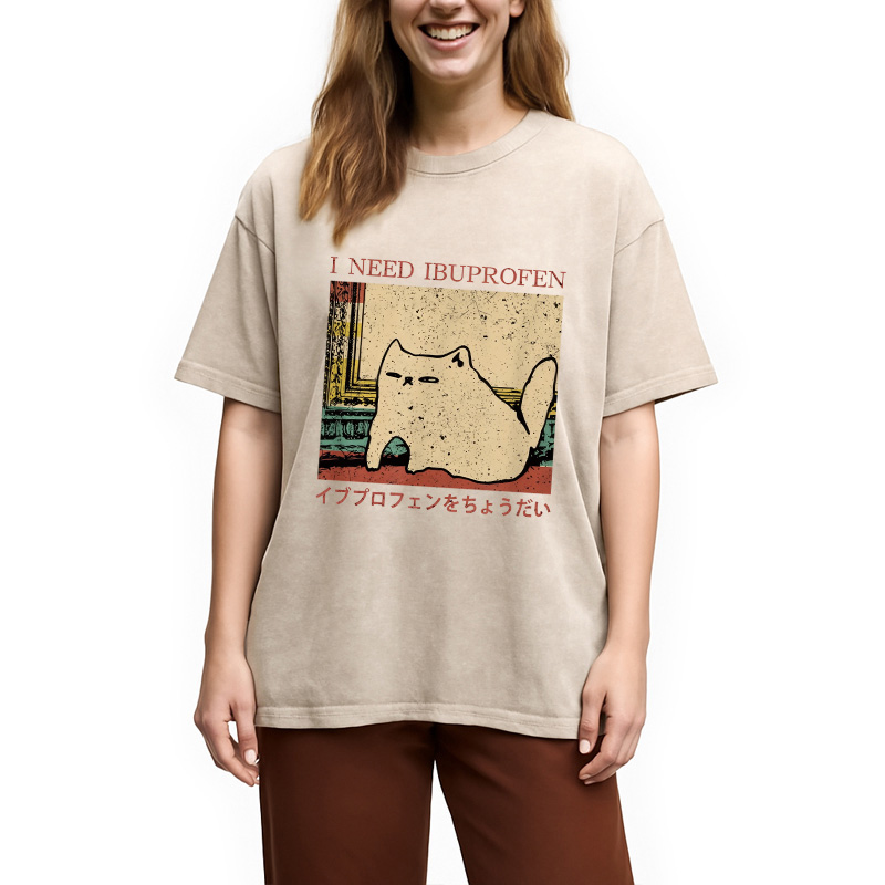 Modecanvas I NEED IBUPROFEN CAT Washed T-Shirt