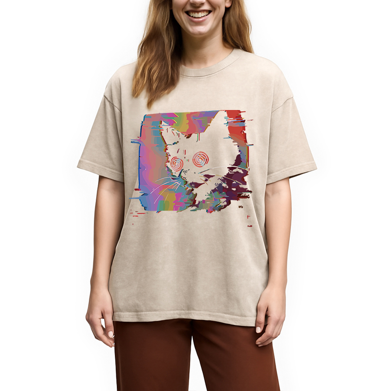 Modecanvas Glitch Cat Washed T-Shirt