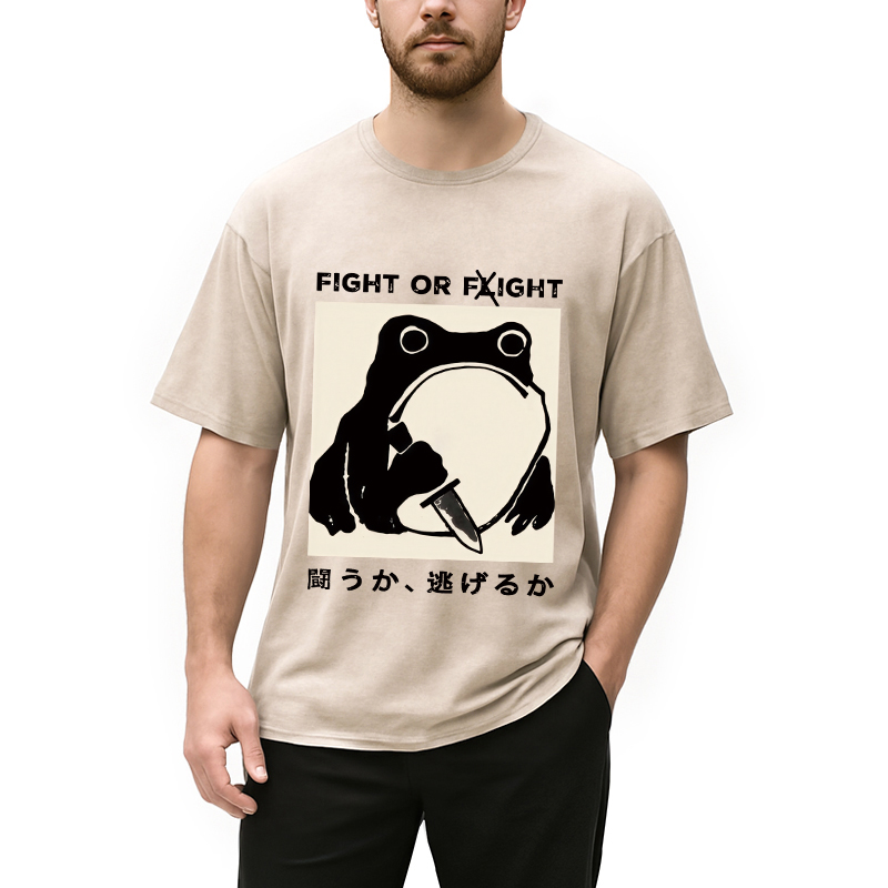 Modecanvas Fight Or Flight Funny Frog Japanese Washed T-Shirt