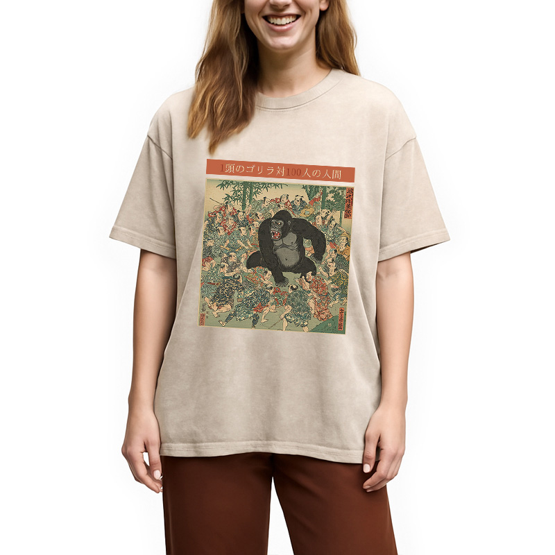 Modecanvas 1 Gorilla vs 100 Men Meme Washed T-Shirt
