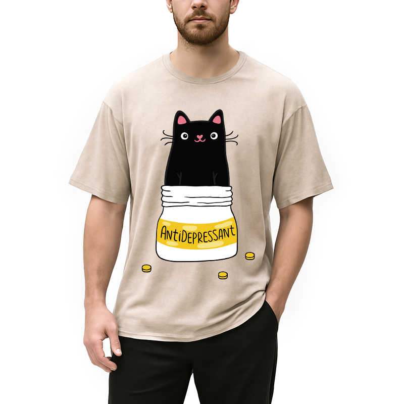 Modecanvas Cute Cat Antidepressant Funny Meme Washed T-Shirt