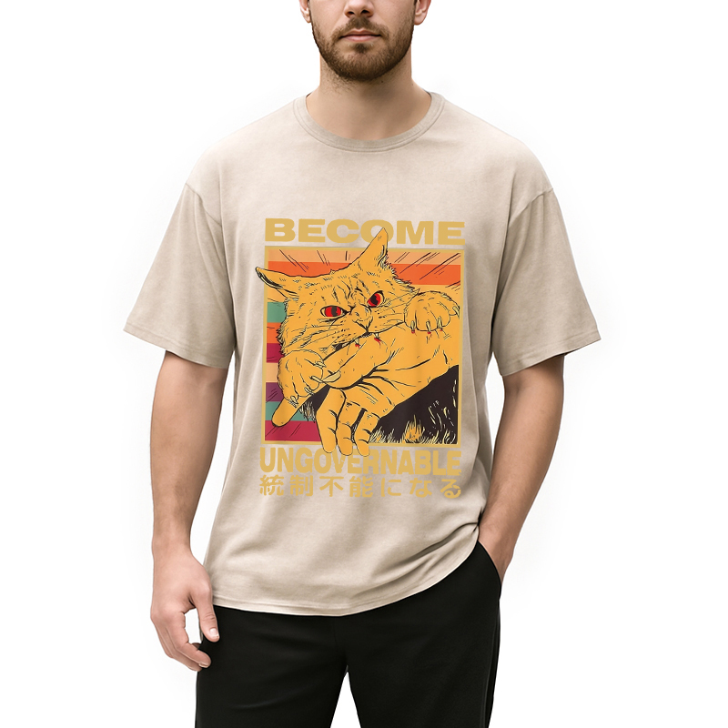 Modecanvas Become Ungovernable Funny Japanese Cat Bite Washed T-Shirt