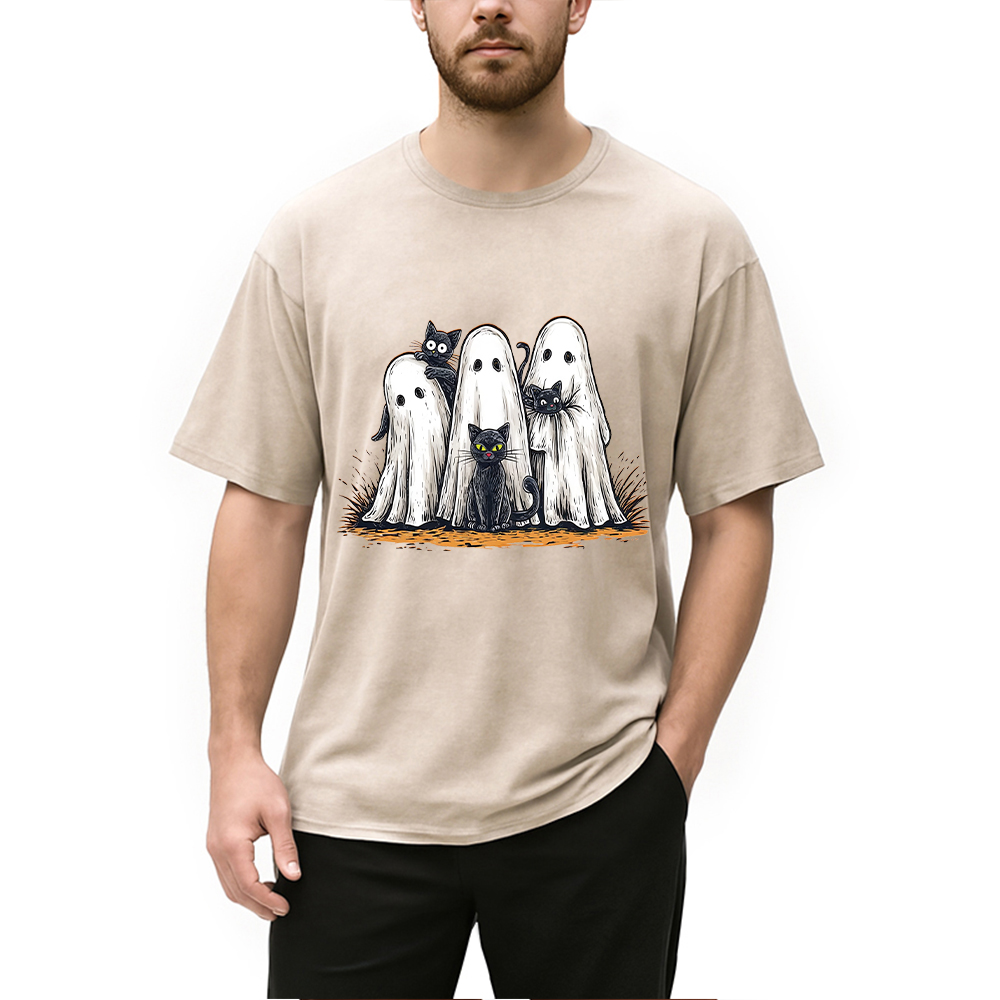 Modecanvas Black Cat Ghost Halloween Washed T-Shirt