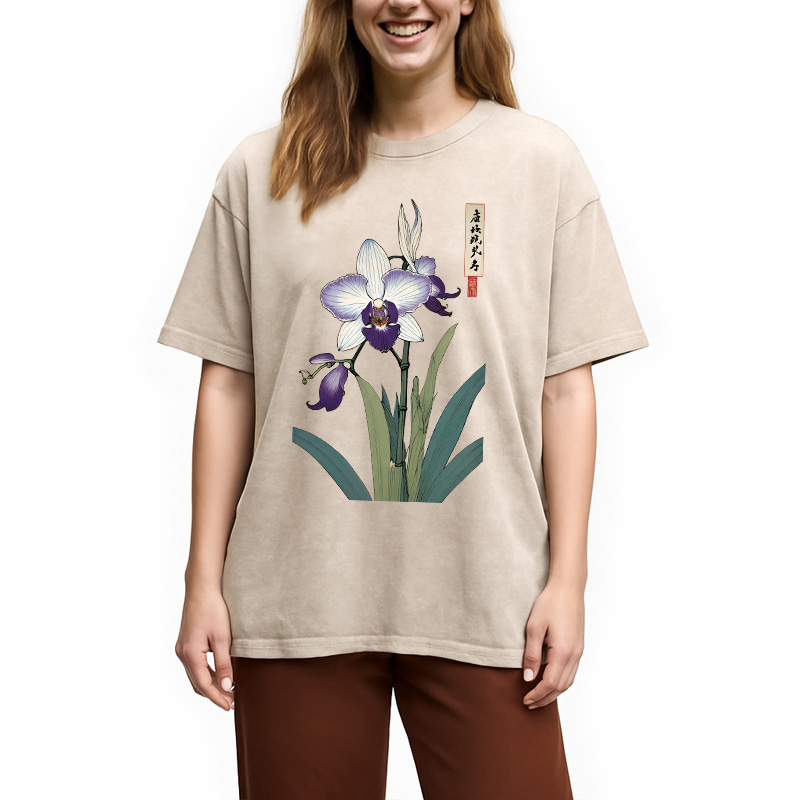 Modecanvas Orchid Ukiyo-e Japanese Washed T-Shirt