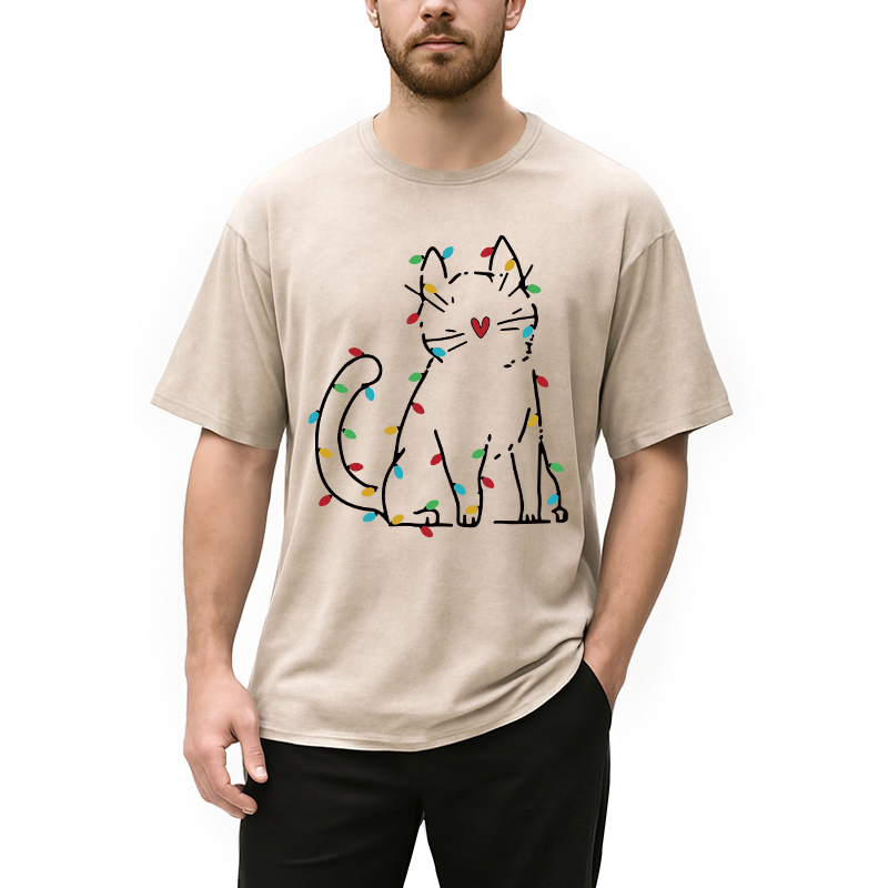 Modecanvas Japan Christmas Lights Cat Washed T-Shirt
