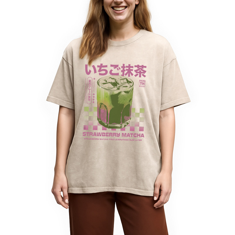 Modecanvas Strawberry Matcha Drink Washed T-Shirt