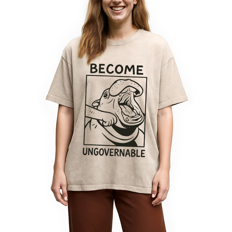 Modecanvas Become Ungovernable Funny Hippo Meme Washed T-Shirt