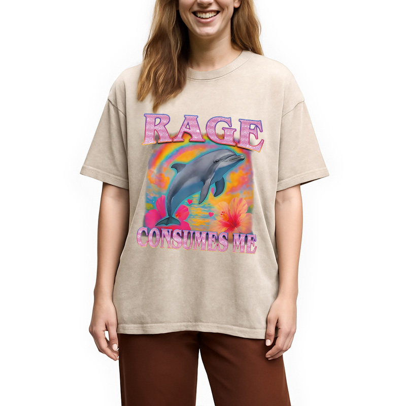 Modecanvas Rage Consumes Me Dolphin Meme Washed T-Shirt
