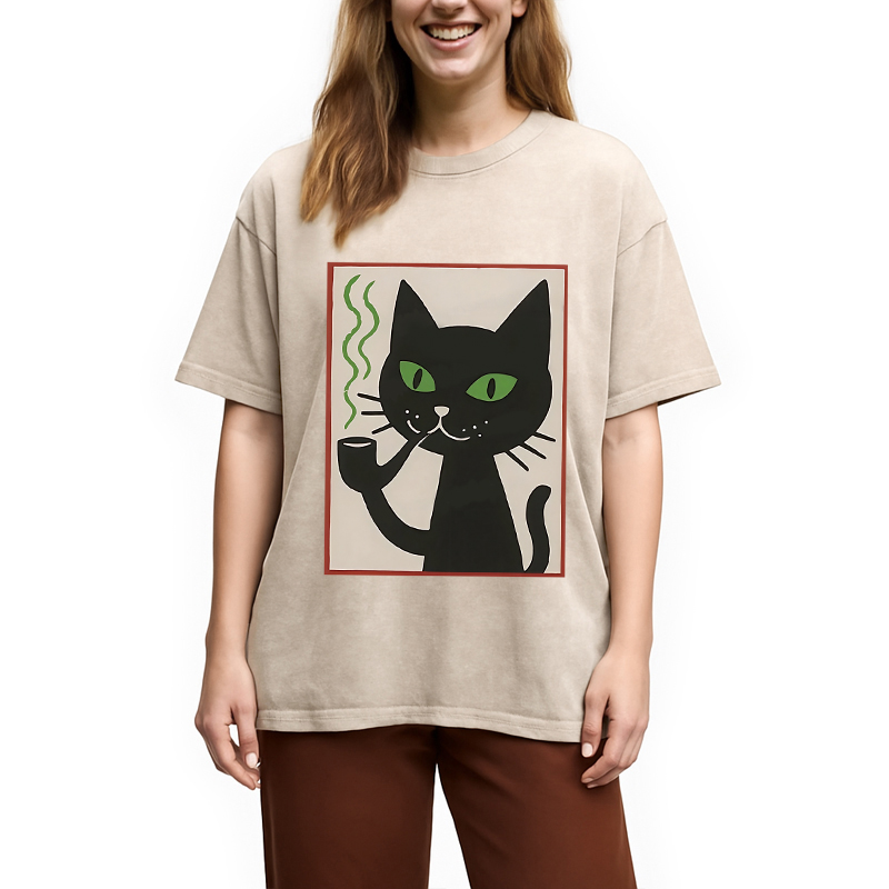 Modecanvas Black Cat Smoking Washed T-Shirt