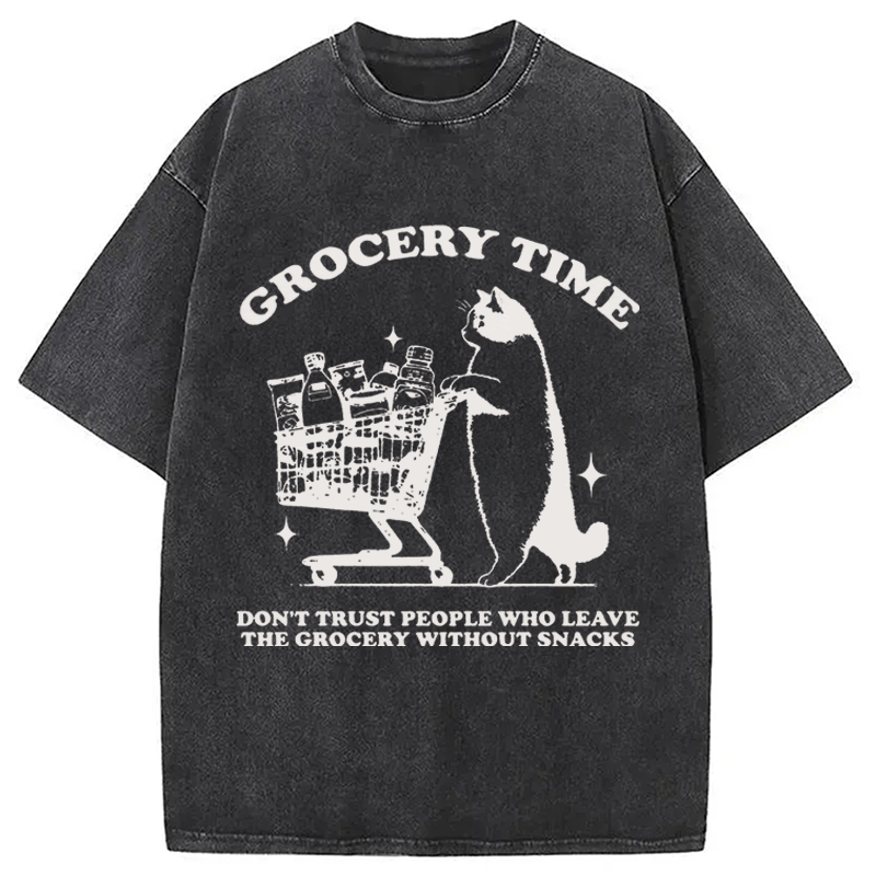 Modecanvas Grocery Time Funny Cat DTG Printing Washed T-Shirt