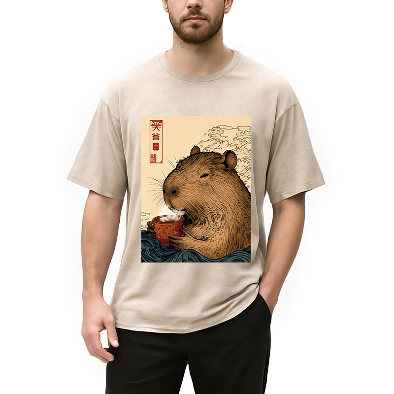 Modecanvas Capybara with Morning Tea DTG Printing Washed T-Shirt