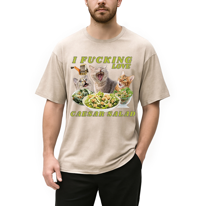 Modecanvas I Fucking Love Caesar Salad Cat Meme DTG Printing Washed T-Shirt