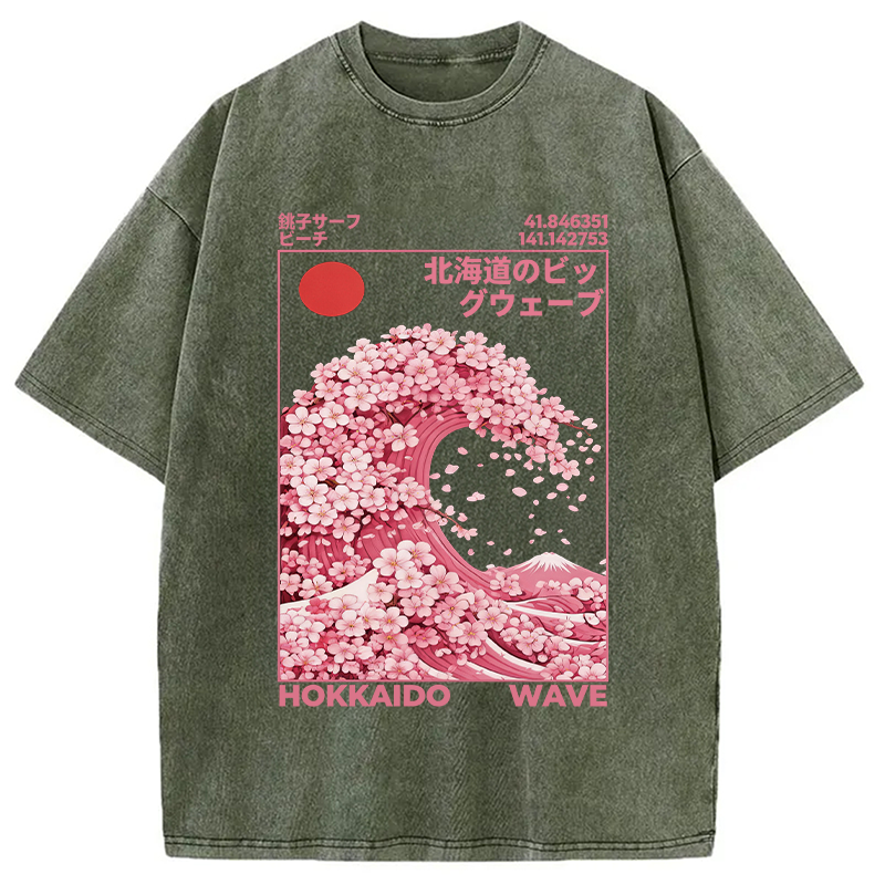 Modecanvas Hokkaido Wave Sakura Washed T-Shirt-modecanvas