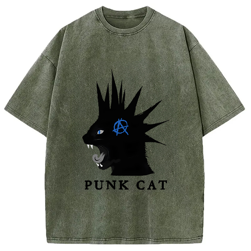 Modecanvas Punk Cat Funny Washed T-Shirt