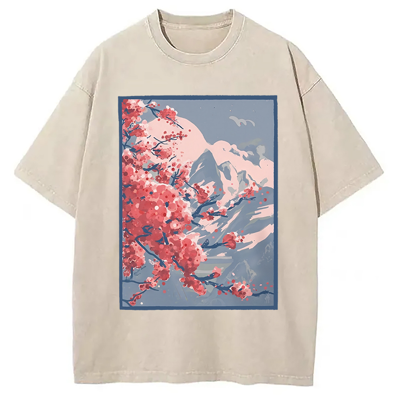 Modecanvas Sakura Blossom Mountain Washed T-Shirt