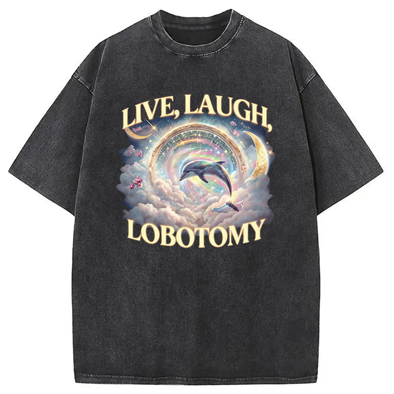 Modecanvas Live Laugh Lobotomy Funny Dolphin Meme Washed T-Shirt
