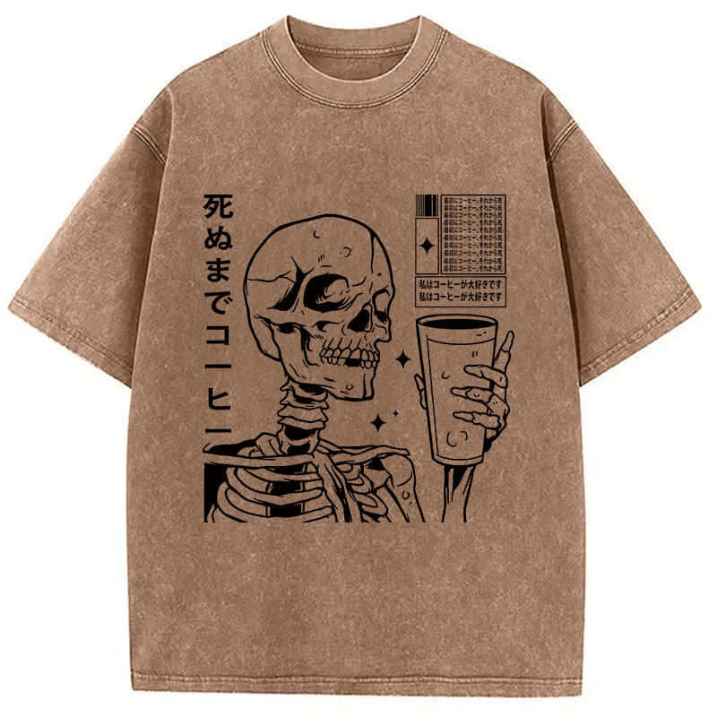 Modecanvas Japanese Skeleton Coffee DTG Printing Washed T-Shirt-modecanvas