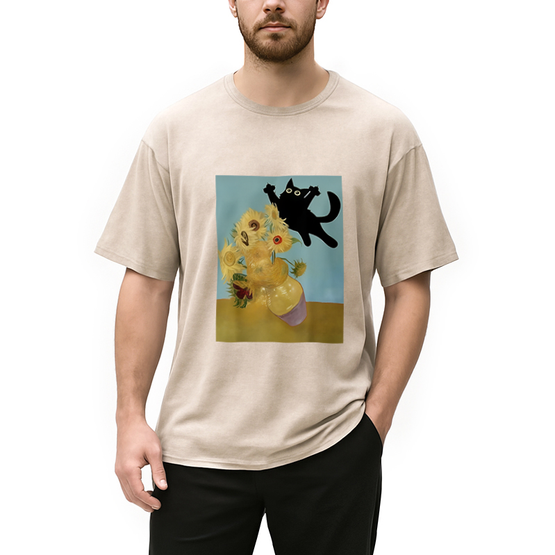 Modecanvas Playing Cat Sunflower Washed T-Shirt