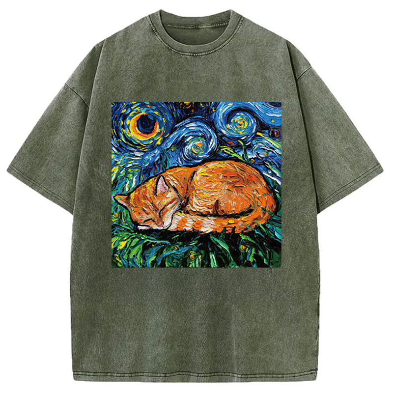 Modecanvas Orange Tabby Night full DTG Printing Washed T-Shirt