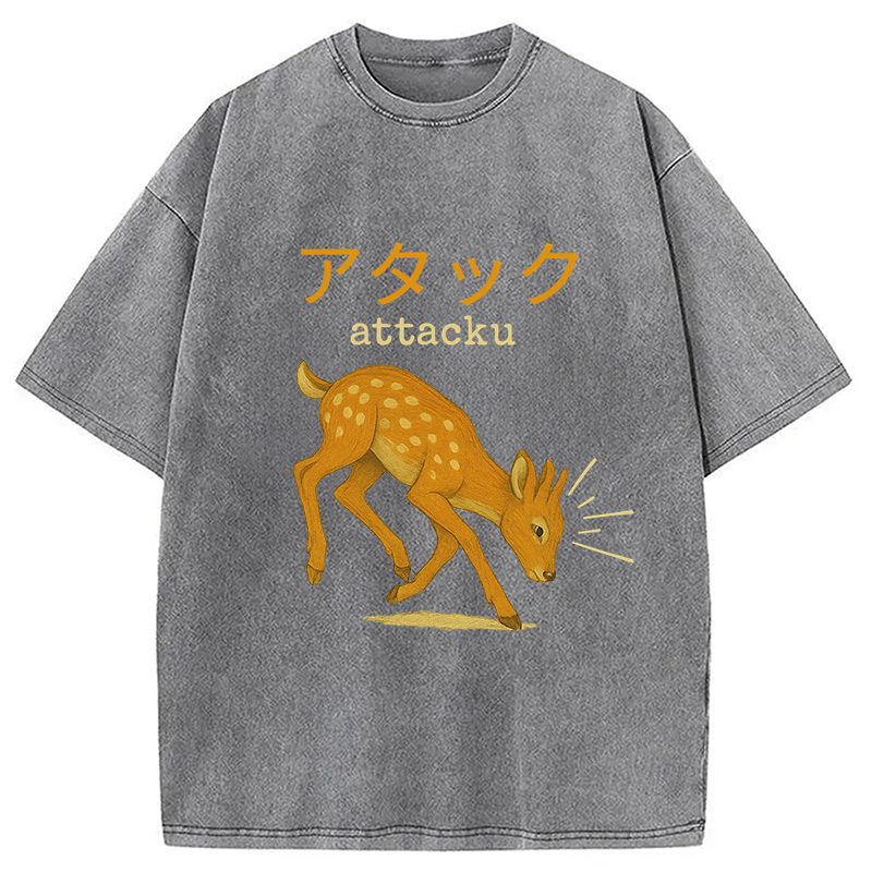 Modecanvas Funny Japanese Deer Washed T-Shirt