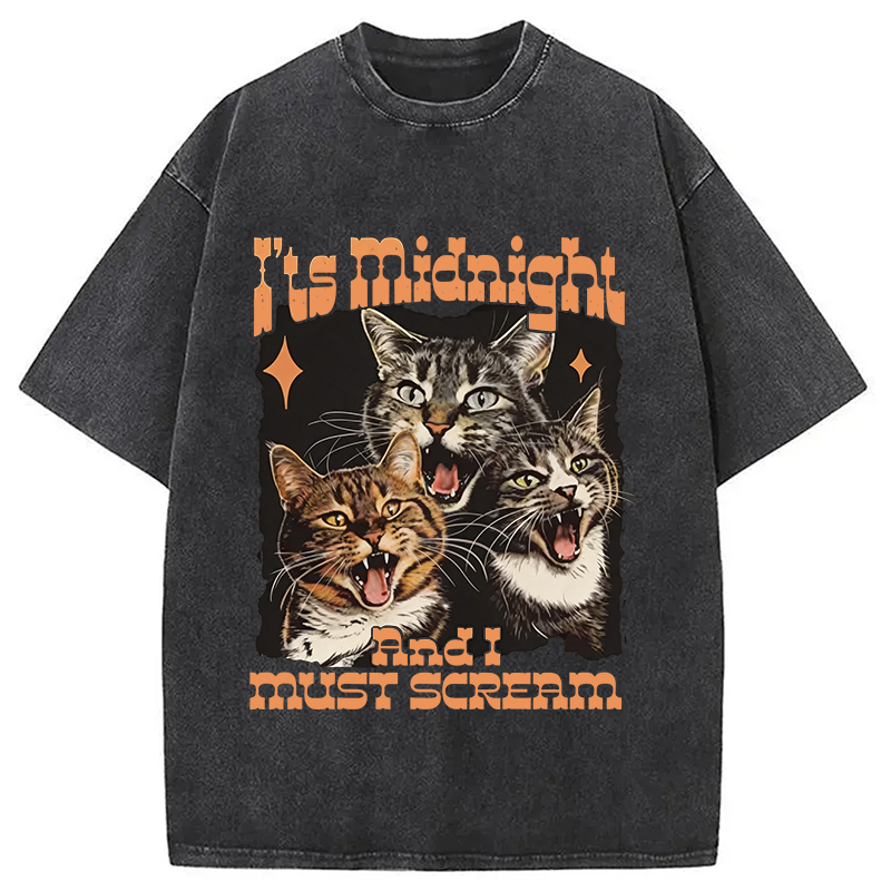 Modecanvas It's Midnight And I Must Scream Cat DTG Printing Washed T-Shirt
