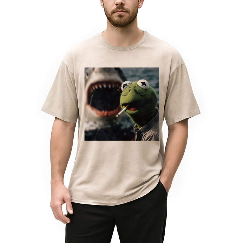 Modecanvas Smoking Frog Meme DTG Printing Washed T-Shirt-modecanvas