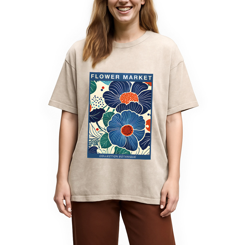 Modecanvas Blue Flowers Botanical Art DTG Printing Washed T-Shirt