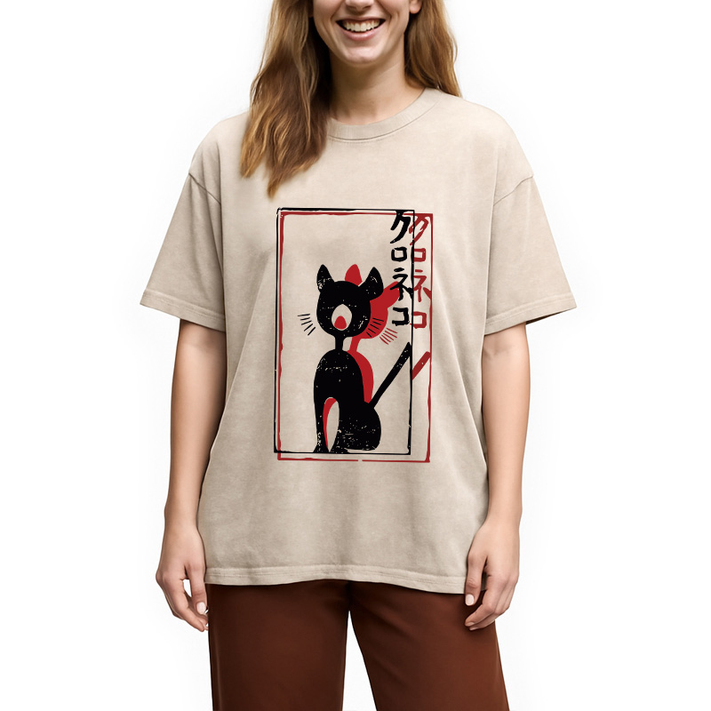 Modecanvas Japanese Retro Black Cat Poster DTG Printing Washed T-Shirt