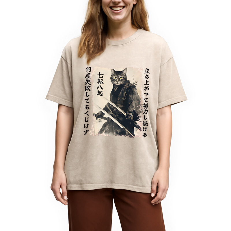 Modecanvas Samurai Japanese Cat DTG Printing Washed T-Shirt