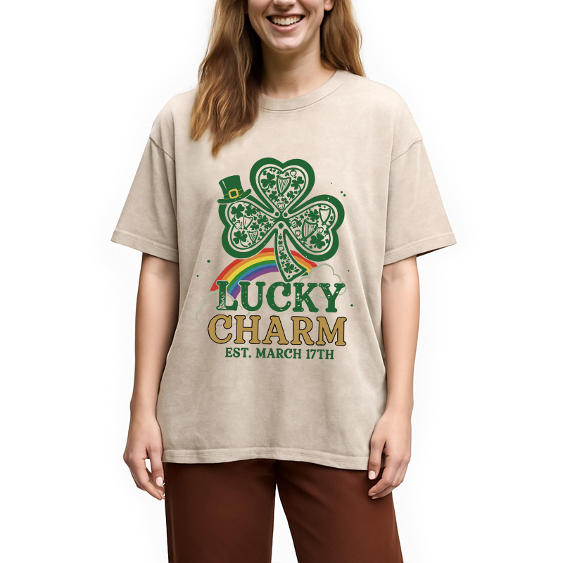 Modecanvas Lucky Charm Clover Rainbow DTG Printing Washed T-Shirt