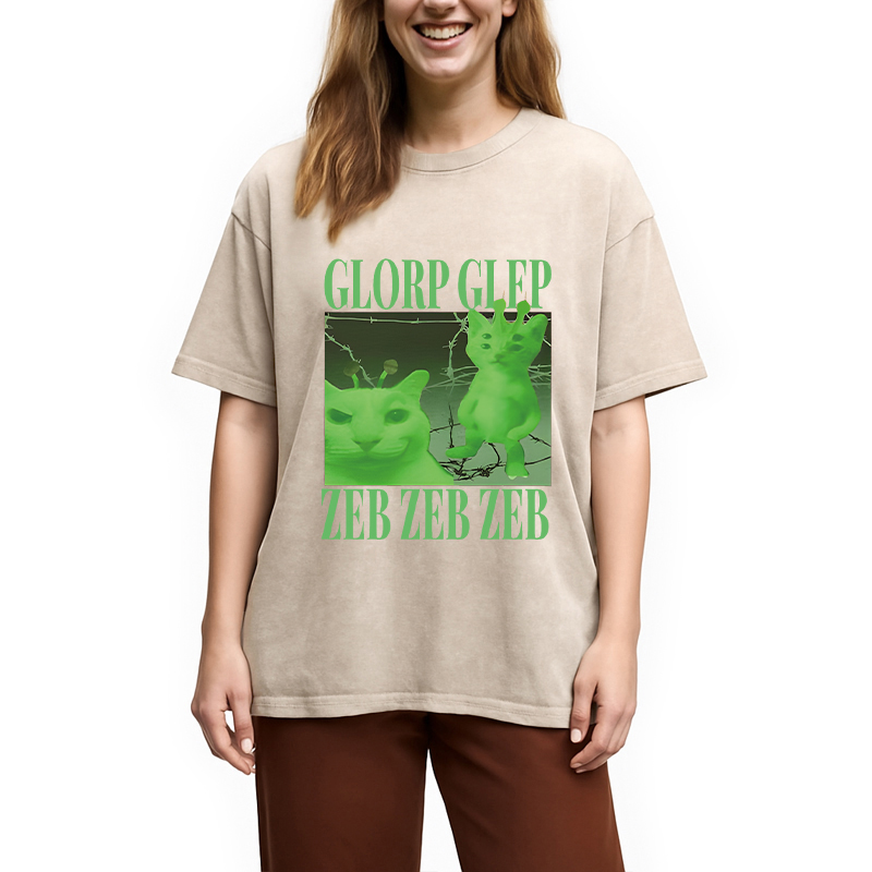 Modecanvas Green Alien Cat Meme DTG Printing Washed T-Shirt