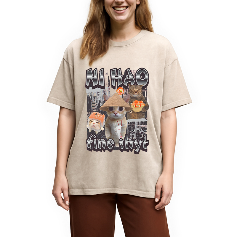 Modecanvas Ni hao Fine Funny DTG Printing Washed T-Shirt