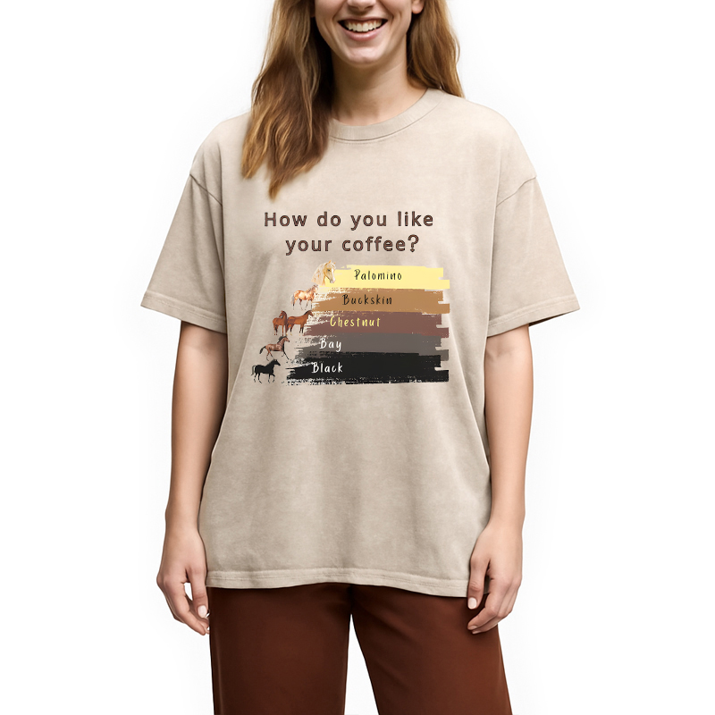 Modecanvas Funny Horse and Coffee DTG Printing Washed T-Shirt