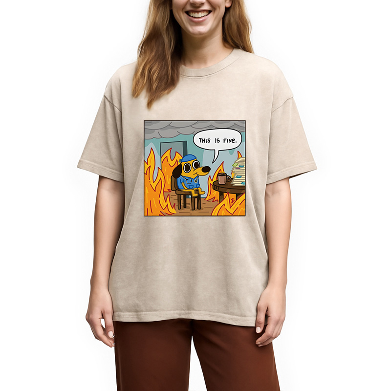 Modecanvas This Is Fine Funny Dog Meme DTG Printing Washed T-Shirt