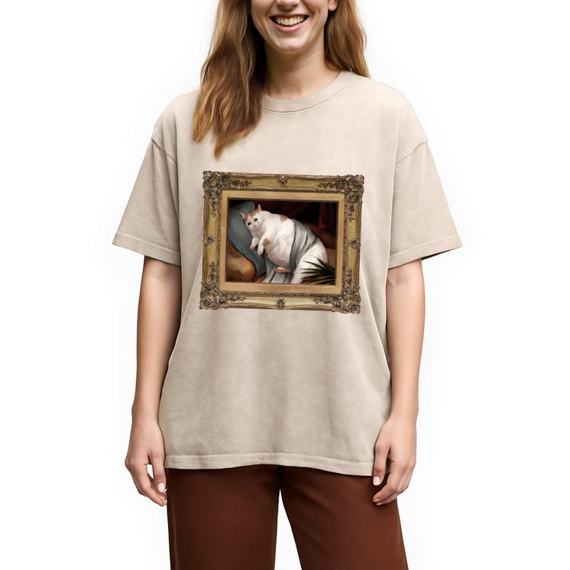 Modecanvas Fat Cat Crying In The Mansion DTG Printing Washed T-Shirt