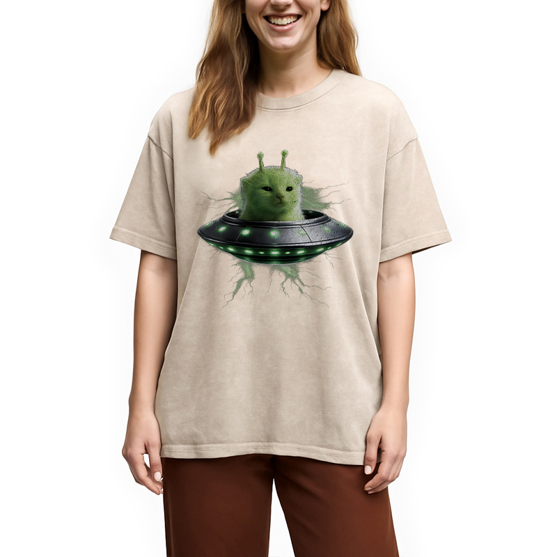 Modecanvas UFO Alien Cat DTG Printing Washed T-Shirt