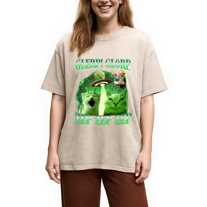 Modecanvas Funny Space Cat DTG Printing Washed T-Shirt
