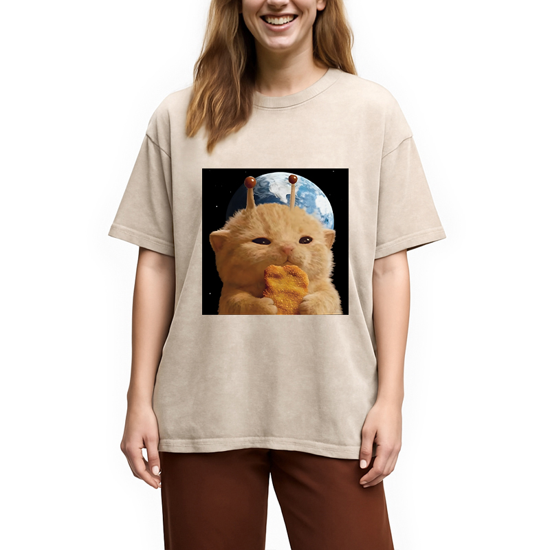 Modecanvas Space Chicken Nugget Alien Cat DTG Printing Washed T-Shirt