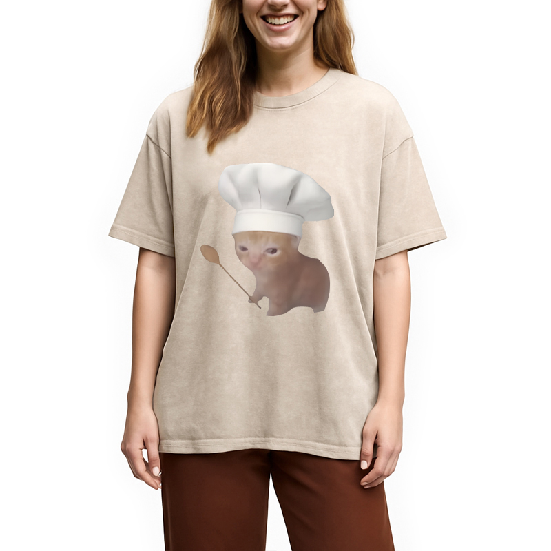 Modecanvas Funny Culinary Kitty Meme DTG Printing Washed T-Shirt