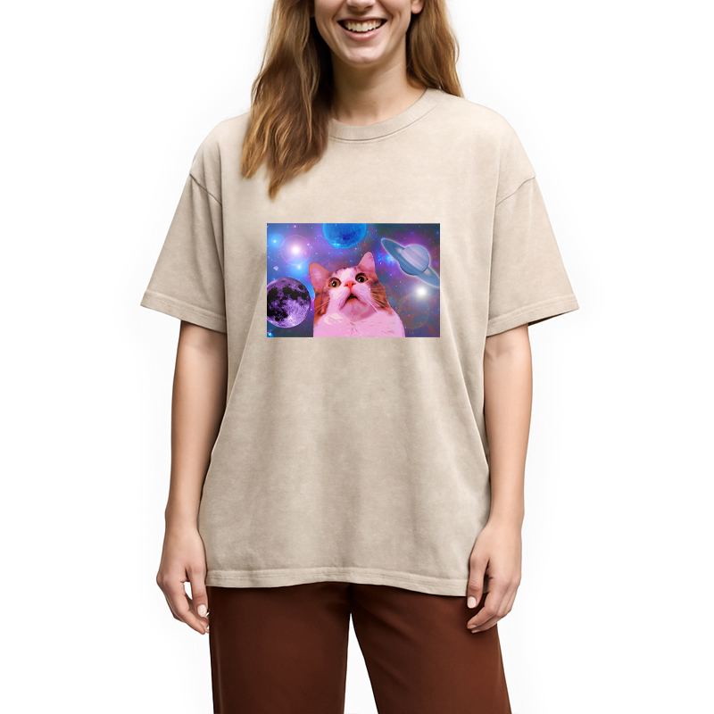Modecanvas Funny Cat In Space DTG Printing Washed T-Shirt