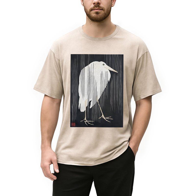 Modecanvas Heron In The Rain DTG Printing Washed T-Shirt