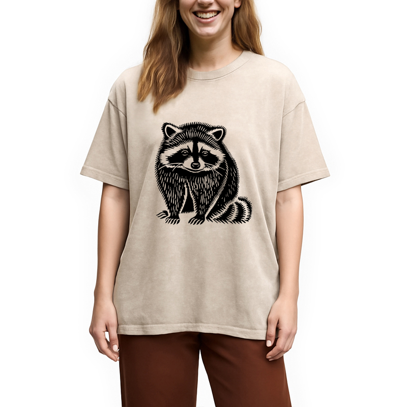 Modecanvas Vintage Minimalist Raccoon DTG Printing Washed T-Shirt